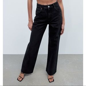 NWT Zara Ultra Wide Leg Full Length Denim Jeans Black High Waist Straight 90s